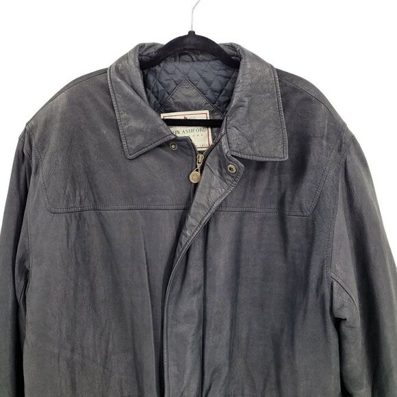 Vintage 80's John Ashford Leather Coat Anorak Jacket Collared Drawstring Black L - Picture 6 of 16